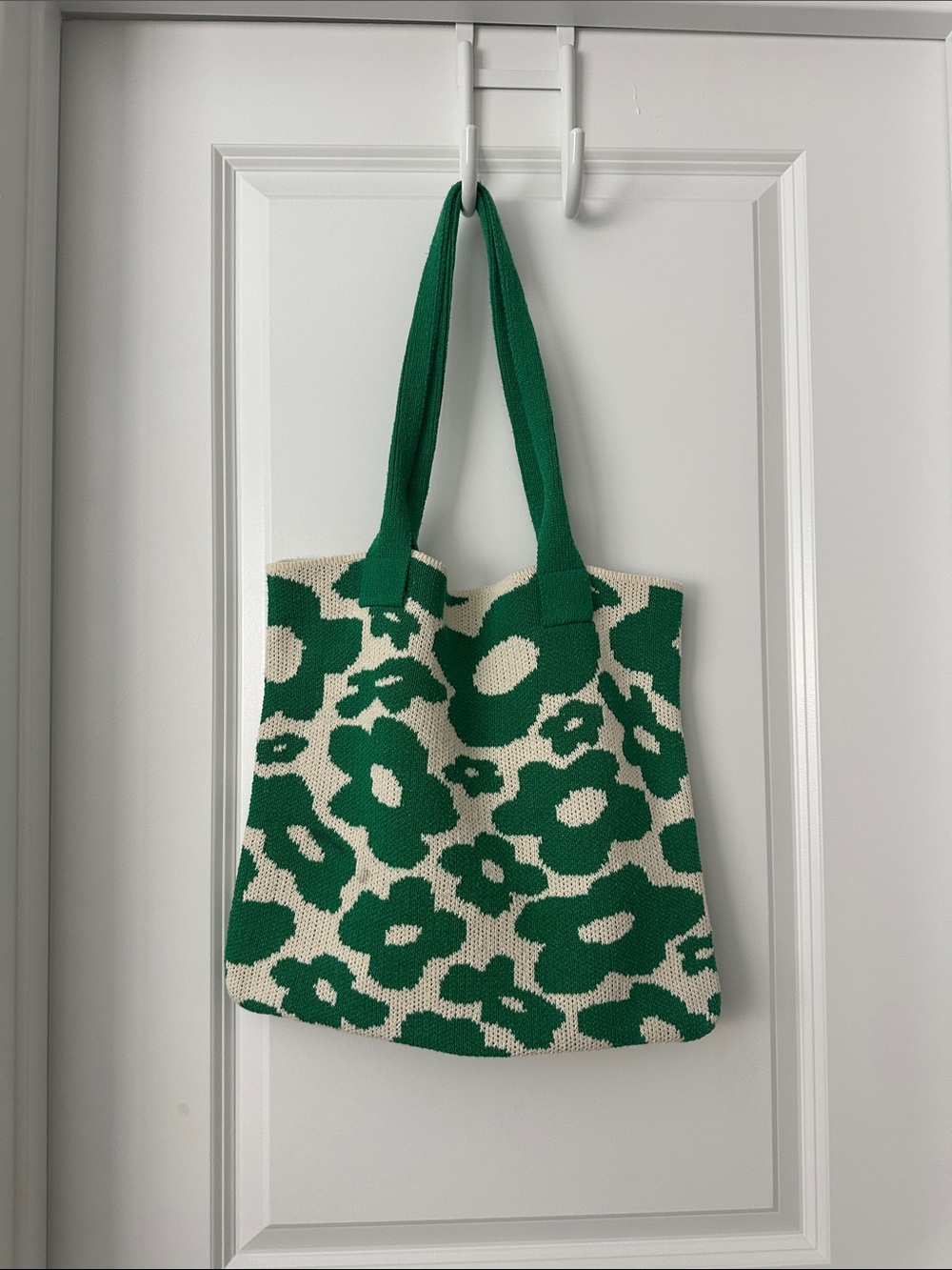 Green Floral Knit Tote Bag